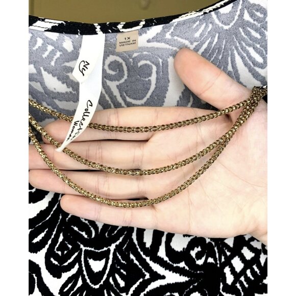 NY Collection Shirt Womens 1X Black White V-Neck Chain Trim Tunic High Low Plus - Picture 5 of 10